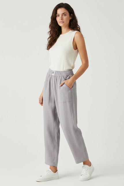 Pantalon Fluide Gris Coton Ample Décontracté Harem