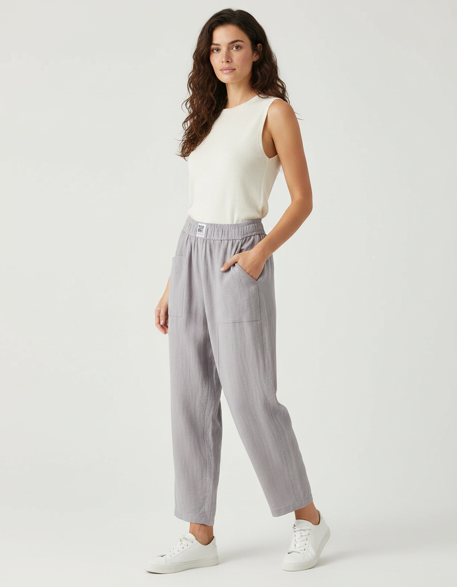 Pantalon Fluide Gris Coton Ample Décontracté Harem