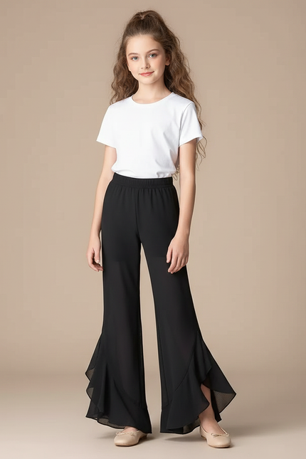 Pantalon Fluide Noir Évasé Chiffon Décontracté Élégant - Polyester