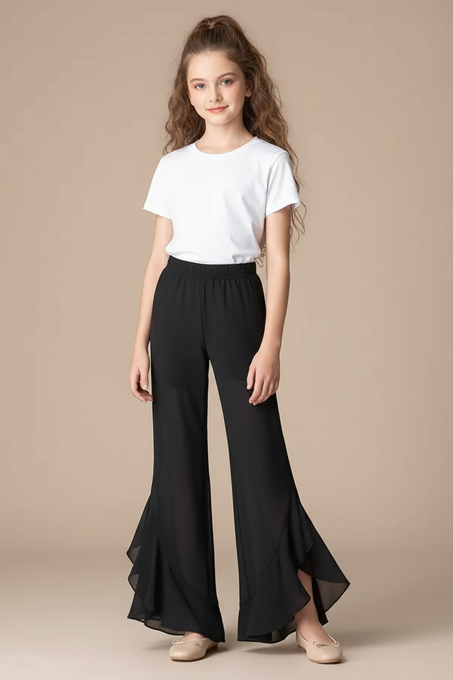 Pantalon Fluide Noir Évasé Chiffon Décontracté Élégant - Polyester