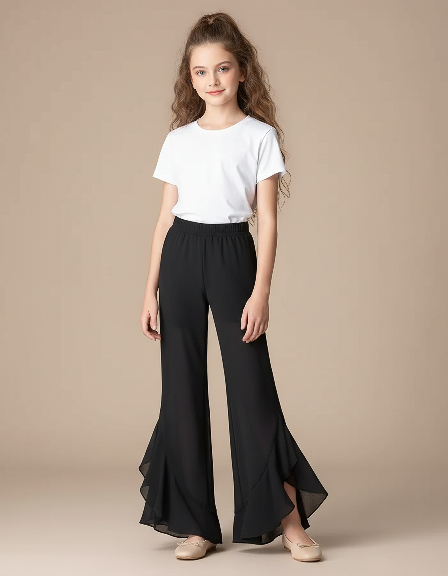 Pantalon Fluide Noir Évasé Chiffon Décontracté Élégant - Polyester
