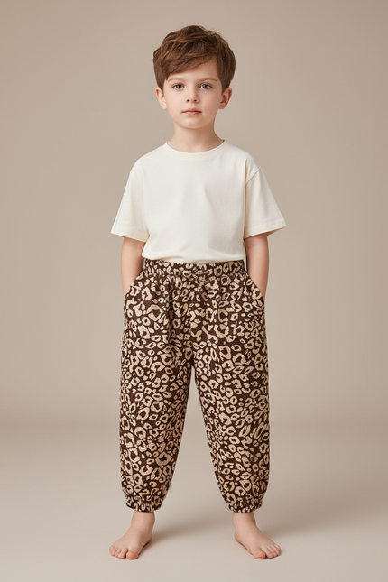 Pantalon Fluide Imprimé Léopard Marron Ample Élastiqué Unisexe - Viscose