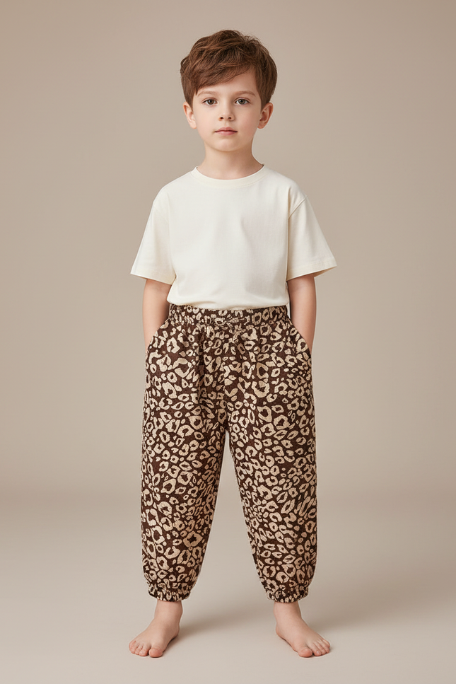 Pantalon Fluide Imprimé Léopard Marron Ample Élastiqué Unisexe - Viscose