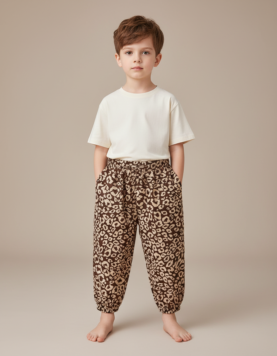 Pantalon Fluide Imprimé Léopard Marron Ample Élastiqué Unisexe - Viscose