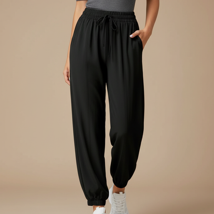 Pantalon Fluide Noir Ample Sportif Chevilles Resserrées Femme - Polyester