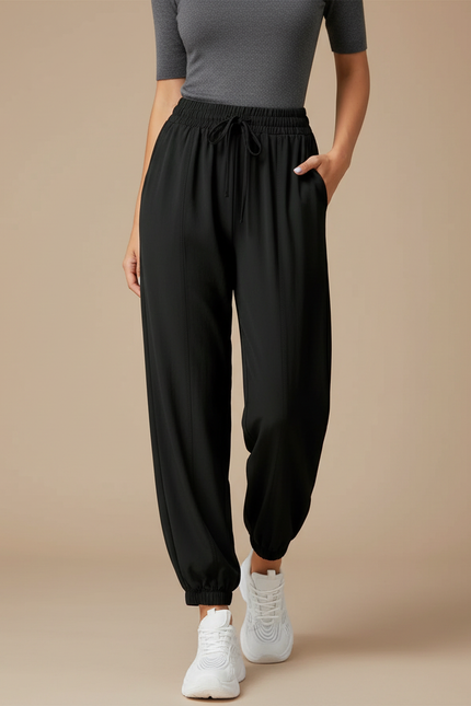 Pantalon Fluide Noir Ample Sportif Chevilles Resserrées Femme - Polyester