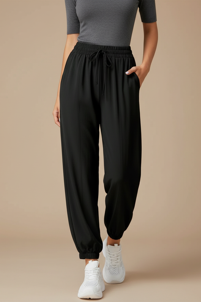 Pantalon Fluide Noir Ample Sportif Chevilles Resserrées Femme - Polyester