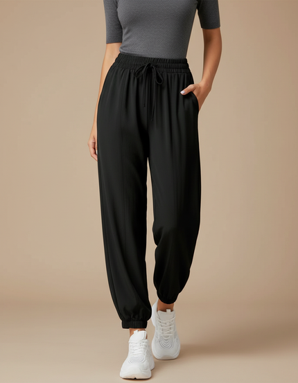 Pantalon Fluide Noir Ample Sportif Chevilles Resserrées Femme - Polyester