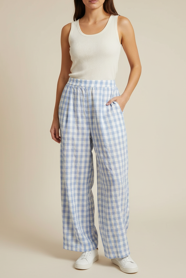 Pantalon Fluide Carreaux Vichy Bleu Ciel Ample Décontracté - Lin