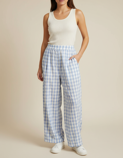 Pantalon Fluide Carreaux Vichy Bleu Ciel Ample Décontracté - Lin
