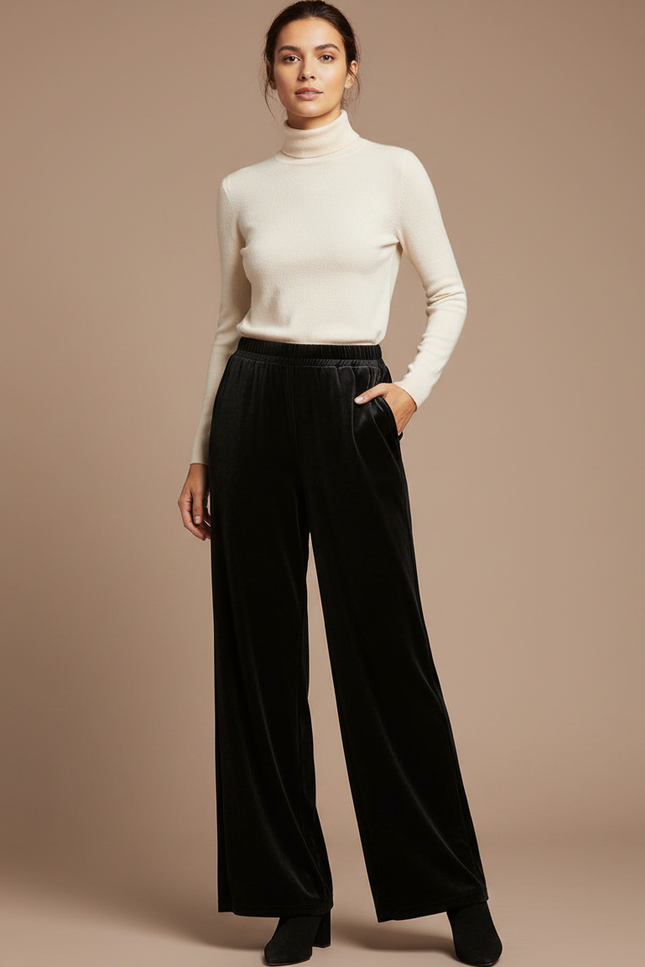 Pantalon Fluide Velours Noir Ample Élégant Femme