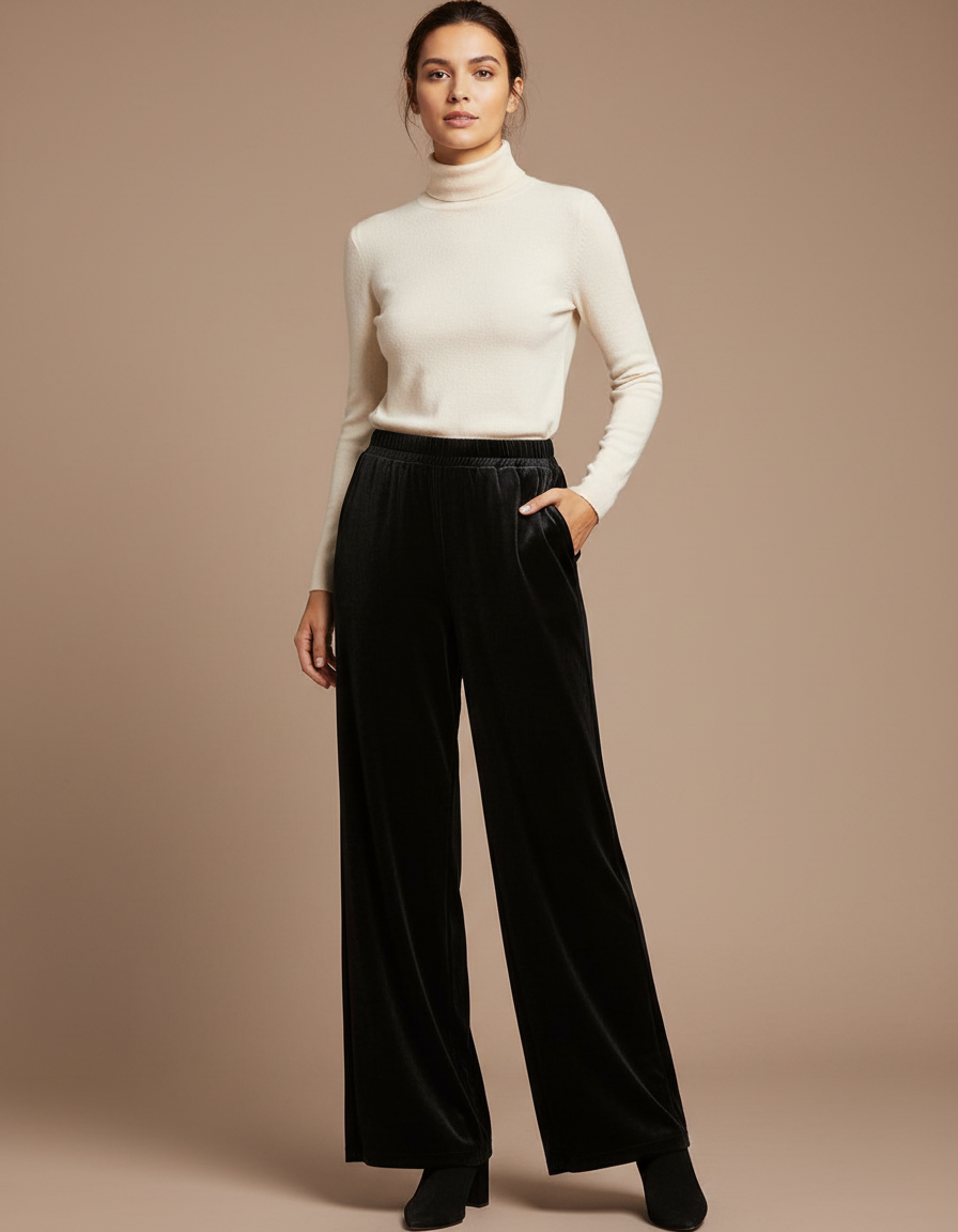 Pantalon Fluide Velours Noir Ample Élégant Femme