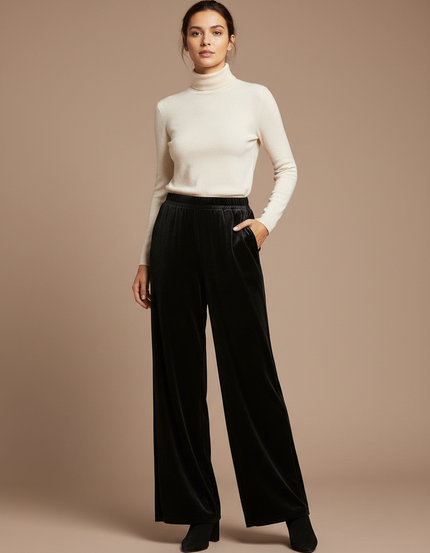 Pantalon Fluide Velours Noir Ample Élégant Femme