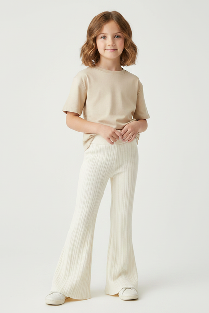 Pantalon Fluide Écru Côtelé Évasé Tricoté Enfant - Beige Maille