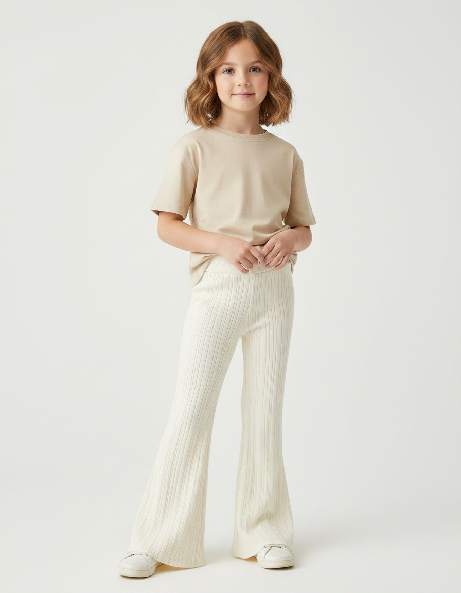 Pantalon Fluide Écru Côtelé Évasé Tricoté Enfant - Beige Maille