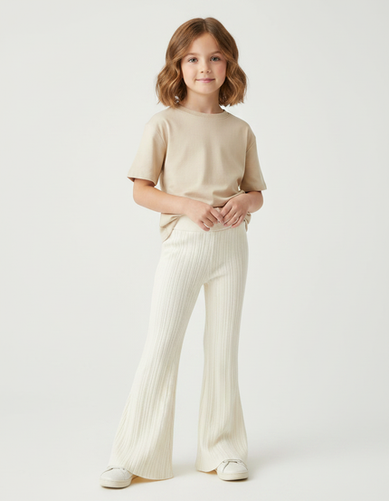 Pantalon Fluide Écru Côtelé Évasé Tricoté Enfant - Beige Maille