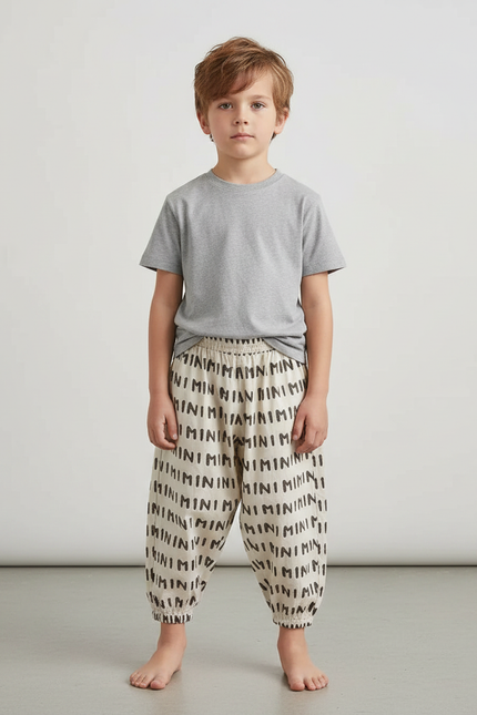 Pantalon Fluide Écru Imprimé Minimaliste Coton Ample Enfant - Beige