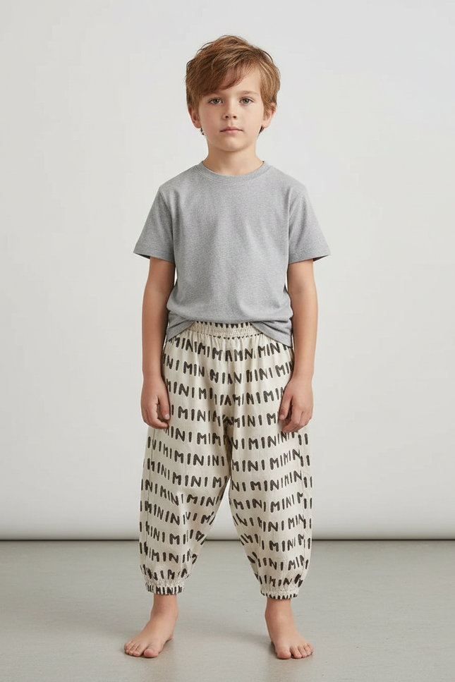 Pantalon Fluide Écru Imprimé Minimaliste Coton Ample Enfant - Beige
