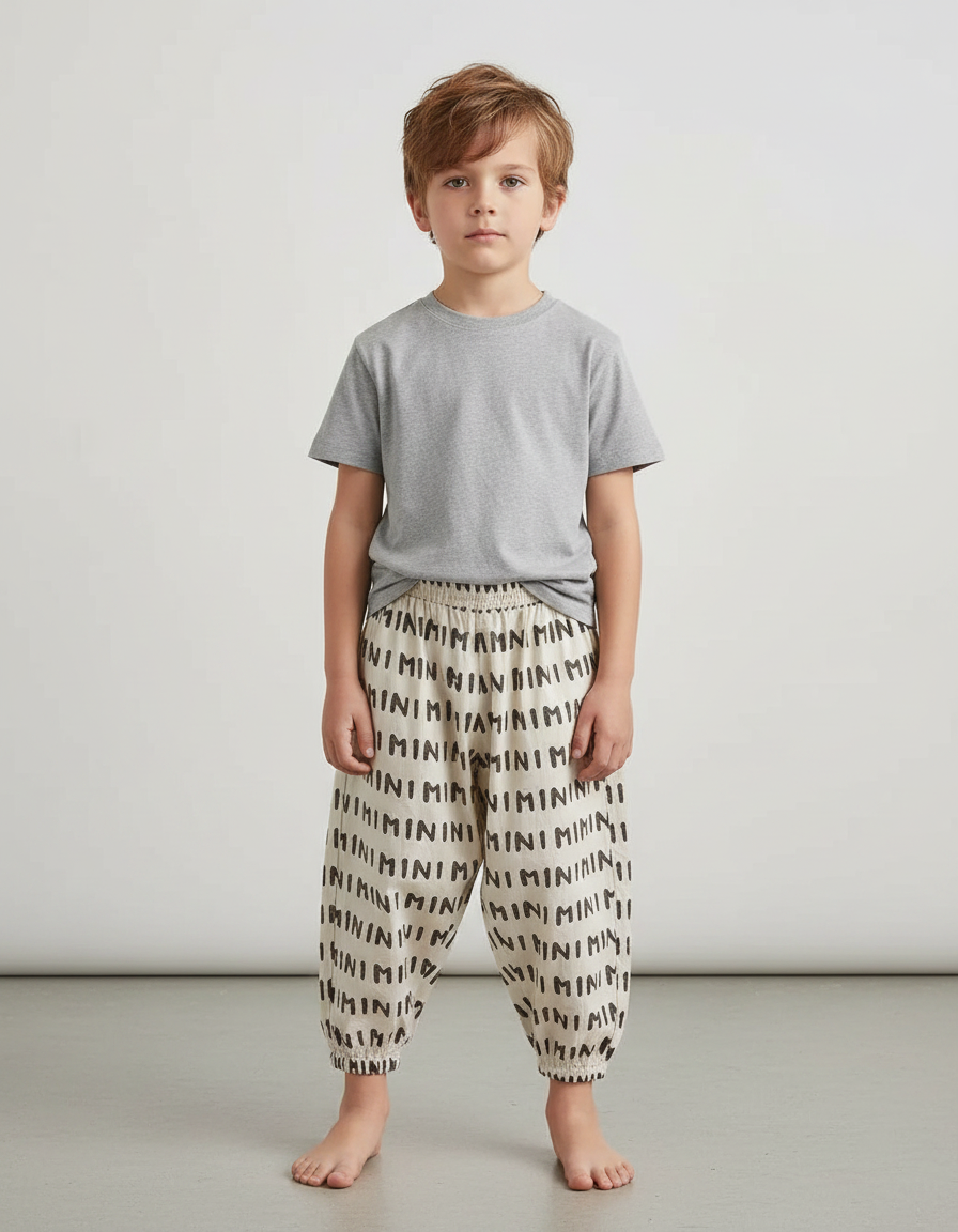 Pantalon Fluide Écru Imprimé Minimaliste Coton Ample Enfant - Beige