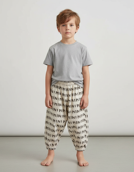 Pantalon Fluide Écru Imprimé Minimaliste Coton Ample Enfant - Beige