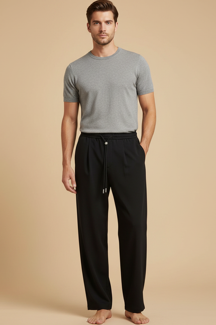 Pantalon Fluide Noir Ample Décontracté Cordon Homme - Viscose