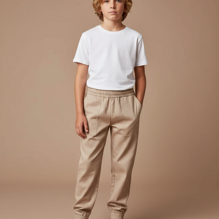 Pantalon Fluide Beige Coton Jogger Décontracté Enfant