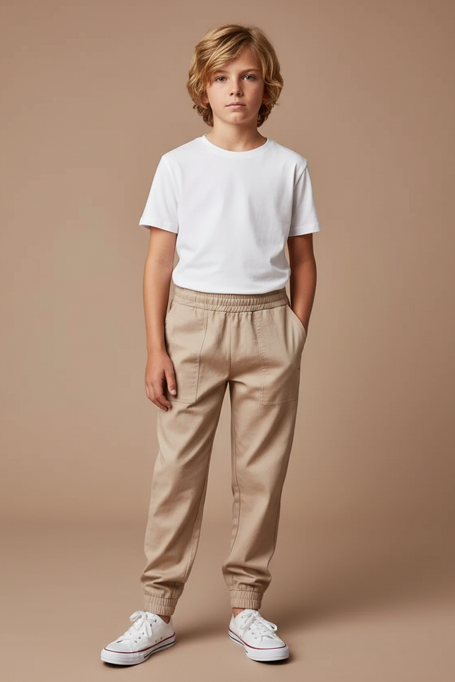 Pantalon Fluide Beige Coton Jogger Décontracté Enfant