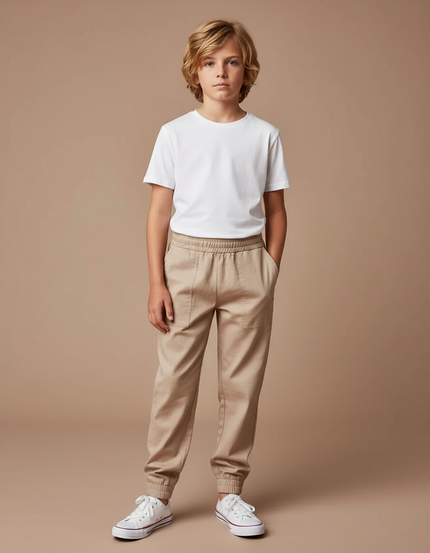Pantalon Fluide Beige Coton Jogger Décontracté Enfant