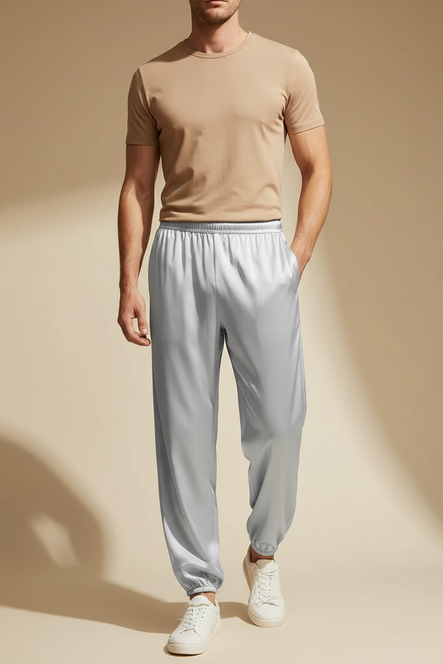 Pantalon Fluide Gris Satiné Ample Décontracté Homme - Argenté