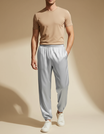 Pantalon Fluide Gris Satiné Ample Décontracté Homme - Argenté