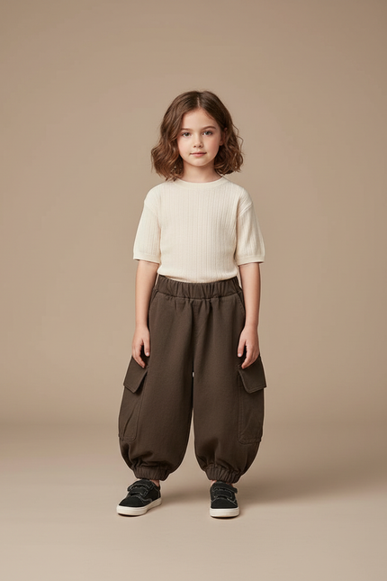 Pantalon Fluide Cargo Vert Ample Coton Enfant - Kaki Molleton