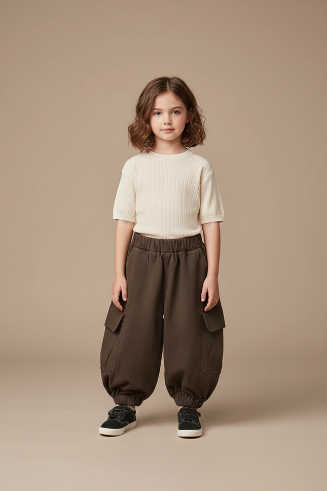 Pantalon Fluide Cargo Vert Ample Coton Enfant - Kaki Molleton