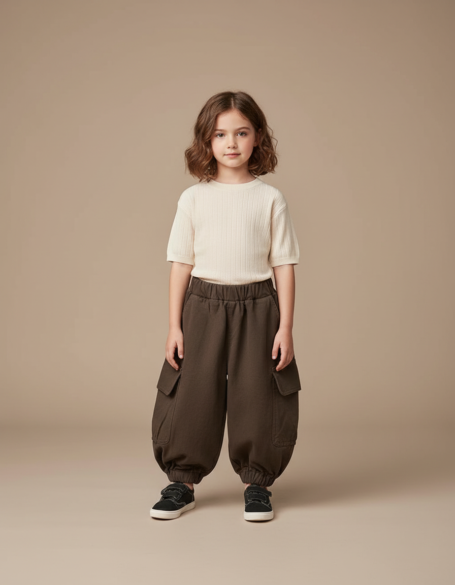 Pantalon Fluide Cargo Vert Ample Coton Enfant - Kaki Molleton
