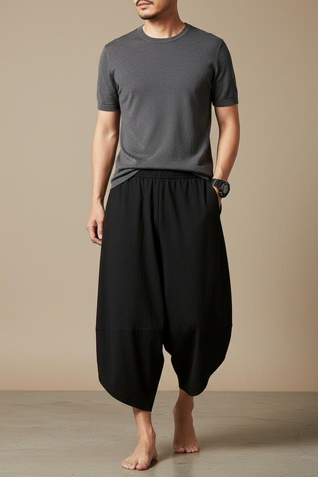 Pantalon Fluide Noir Ample Coton Harem Décontracté - Viscose