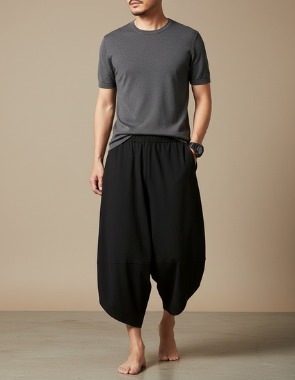 Pantalon Fluide Noir Ample Coton Harem Décontracté - Viscose
