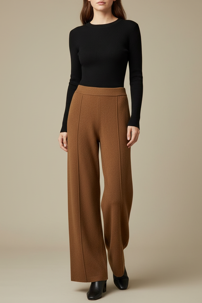 Pantalon Fluide Marron Laine Ample Décontracté Élégant