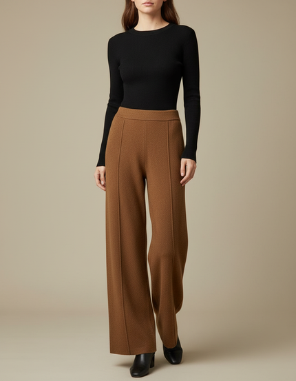 Pantalon Fluide Marron Laine Ample Décontracté Élégant