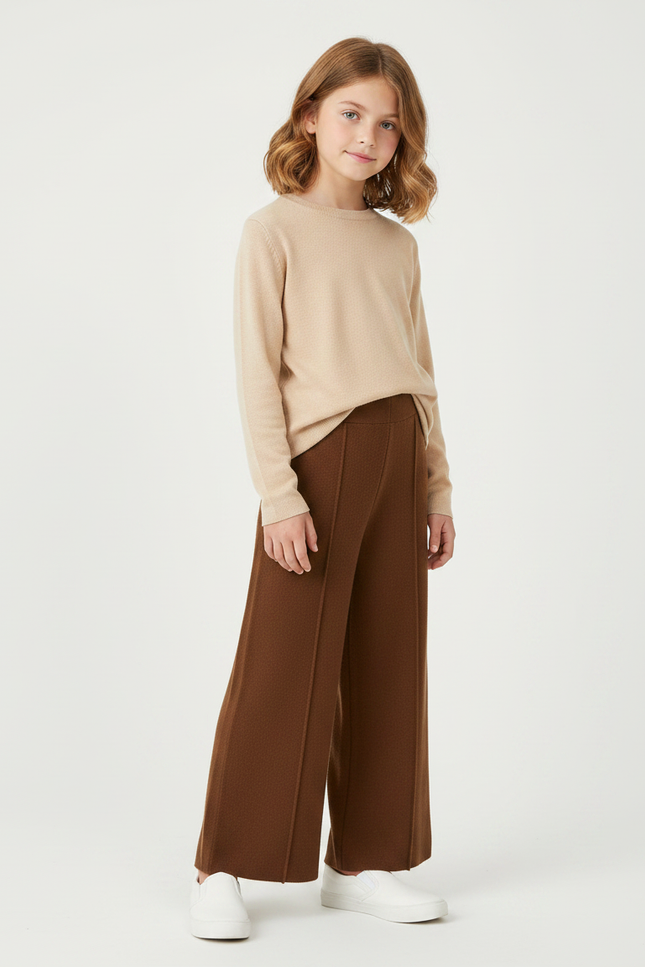 Pantalon Fluide Marron Ample Maille Tricot Enfant