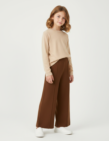 Pantalon Fluide Marron Ample Maille Tricot Enfant