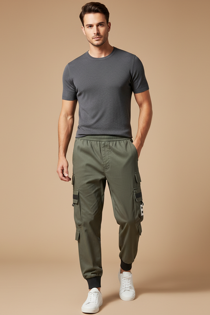 Pantalon Fluide Vert Militaire Cargo Ample Décontracté Homme - Kaki Toile
