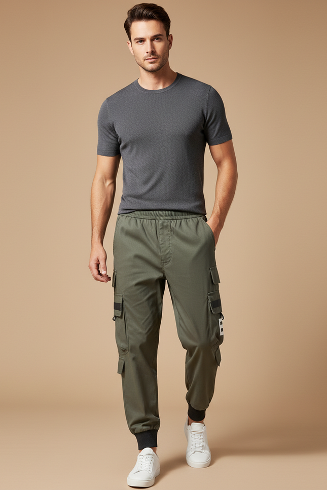 Pantalon Fluide Vert Militaire Cargo Ample Décontracté Homme - Kaki Toile