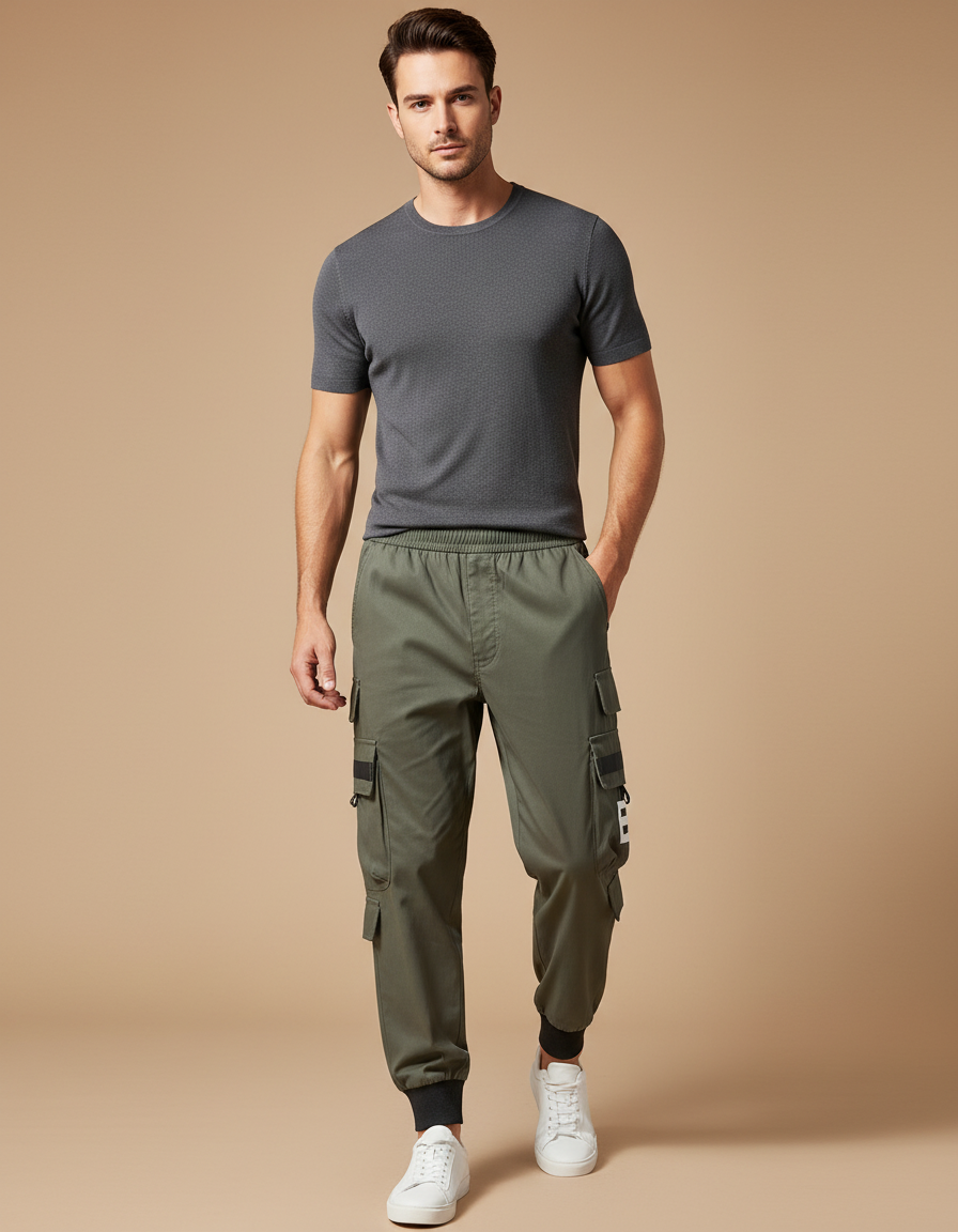 Pantalon Fluide Vert Militaire Cargo Ample Décontracté Homme - Kaki Toile