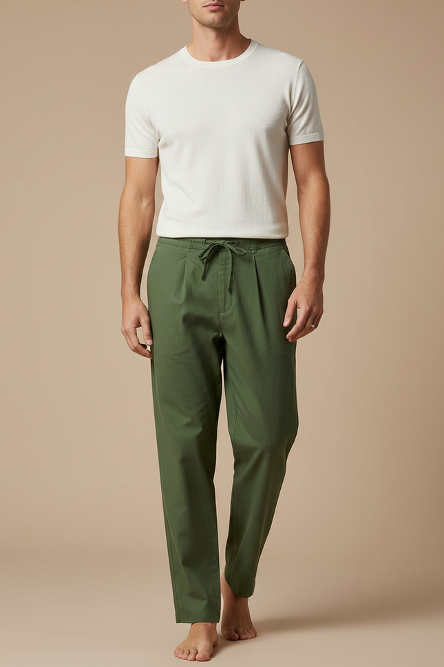 Pantalon Fluide Vert Ample Coton Cordon Homme