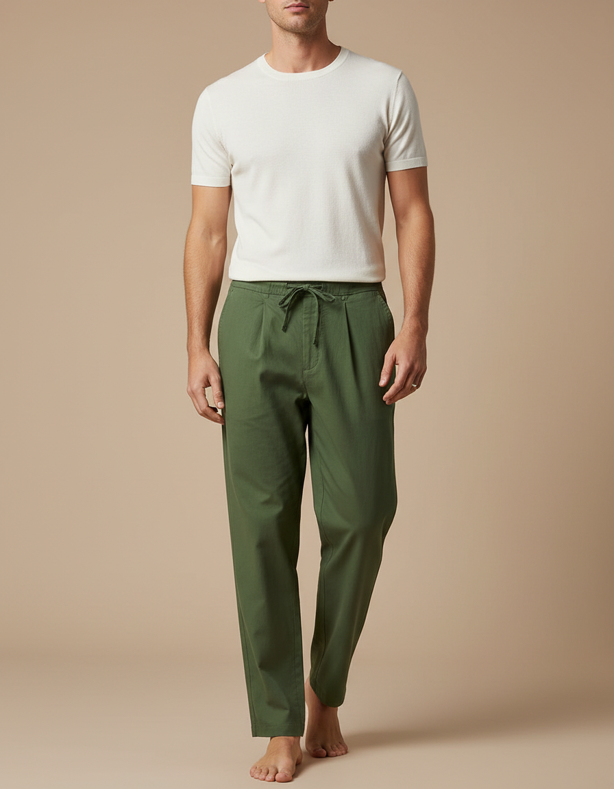 Pantalon Fluide Vert Ample Coton Cordon Homme