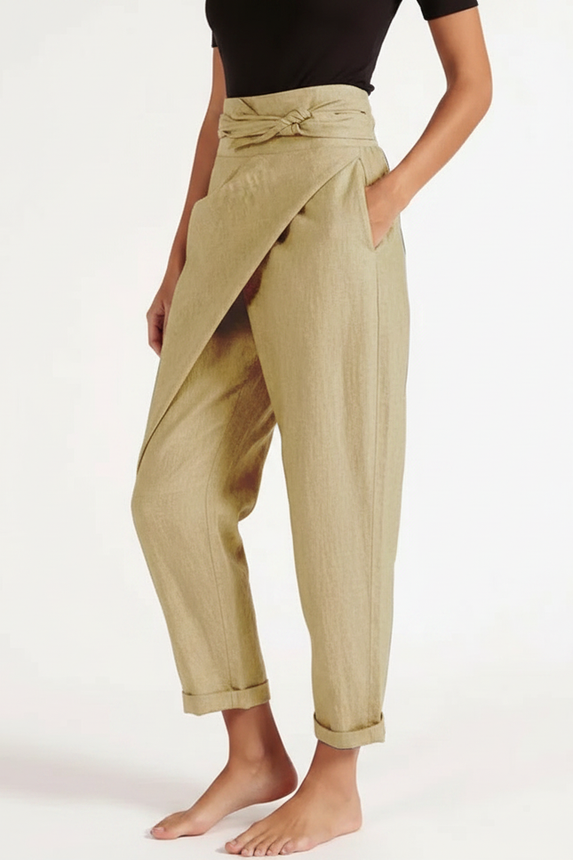 Pantalon Fluide Kaki Lin Ample Ceinture Nouée Élégant