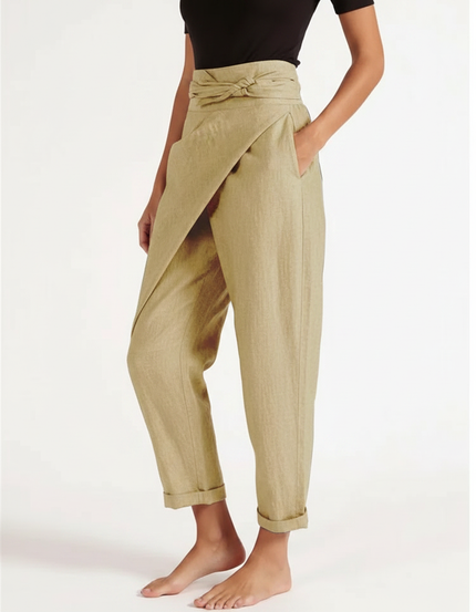 Pantalon Fluide Kaki Lin Ample Ceinture Nouée Élégant