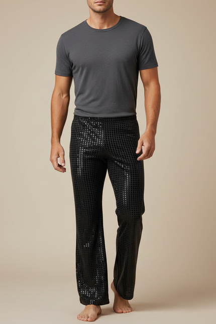 Pantalon Fluide Noir Paillettes Évasé Disco Homme - Polyester