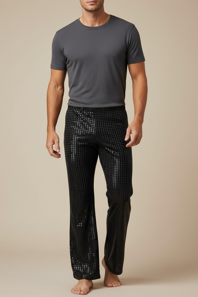 Pantalon Fluide Noir Paillettes Évasé Disco Homme - Polyester