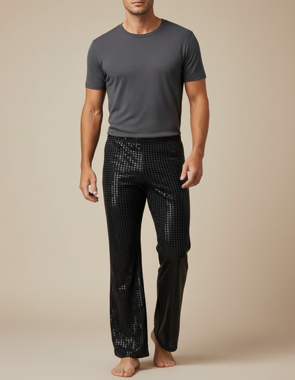 Pantalon Fluide Noir Paillettes Évasé Disco Homme - Polyester