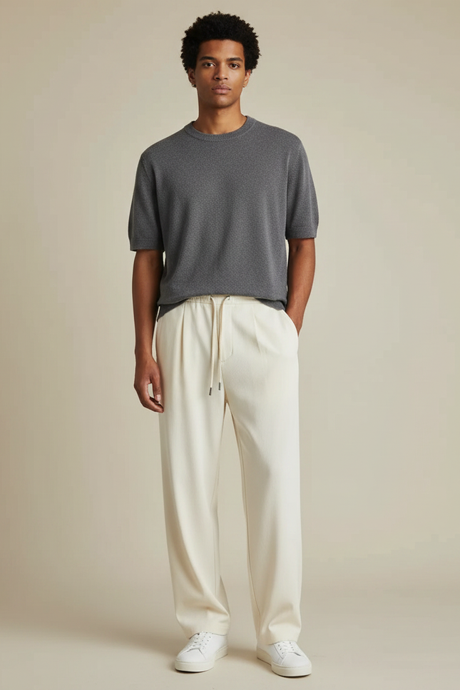 Pantalon Fluide Écru Ample Décontracté Homme Léger - Beige Polyester